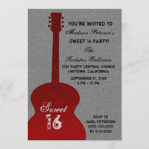 Grunge Guitar Stripes Sweet Sixteen Invite, Red Invitation