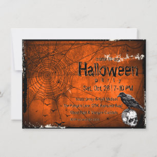 Grunge Halloween Spiderwebs, Raven & Skull Invitation