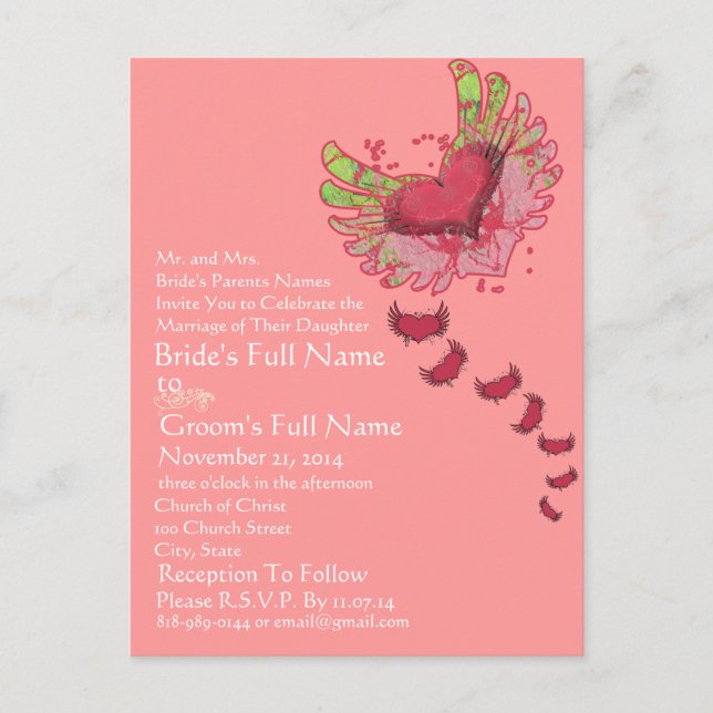 Grunge Heart Raspberry Pink Wedding Invitation (Front)