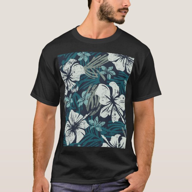 Grunge Hibiscus, Tropical Floral Wallpaper. T-Shirt (Front)