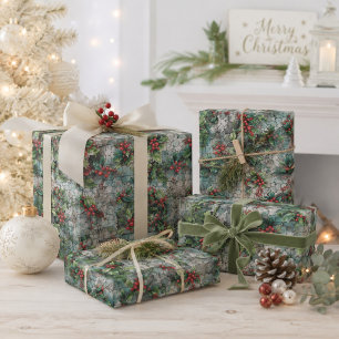 Grunge inspired red & green holly on urban walls wrapping paper sheet
