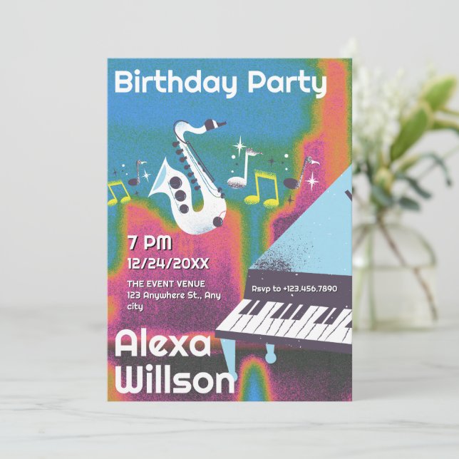 Grunge jazz music birthday invitation (Standing Front)