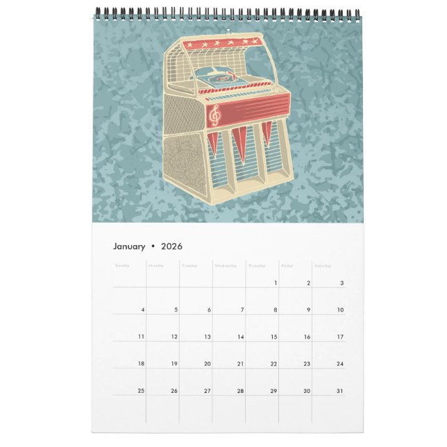 Grunge Jukebox Calendar (Jan 2026)