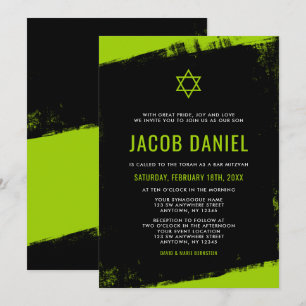 Grunge Lime Green Black Bar Mitzvah Invitations