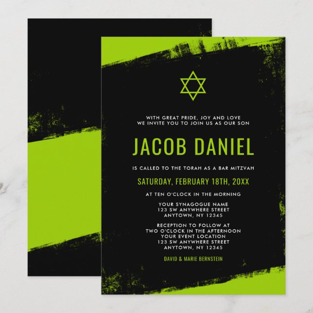 Grunge Lime Green Black Bar Mitzvah Invitations (Front/Back)