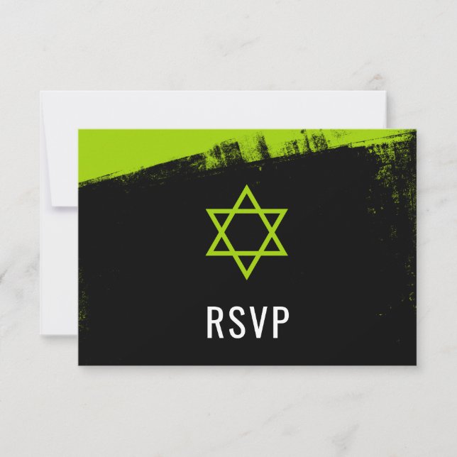 Grunge Lime Green Black Bar Mitzvah RSVP Card (Front)