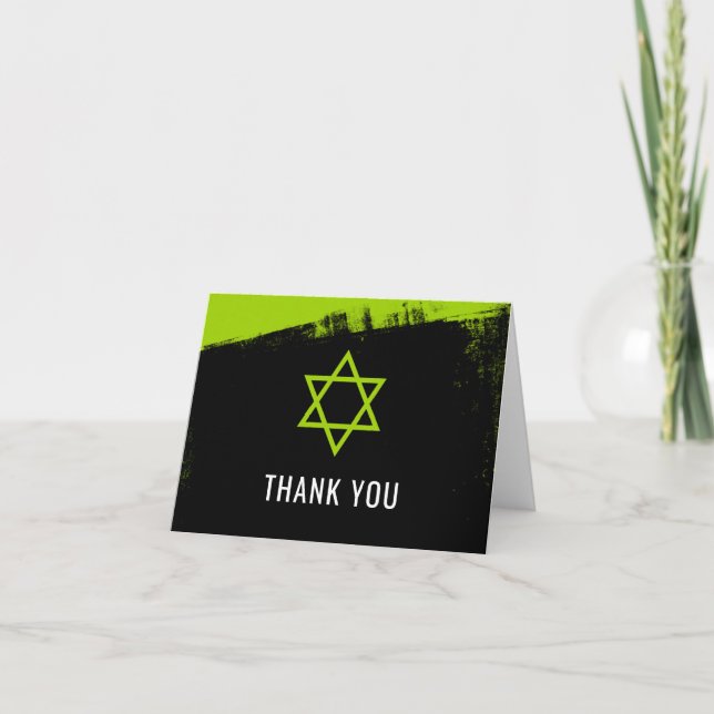 Grunge Lime Green Black Bar Mitzvah Thank You Card (Front)