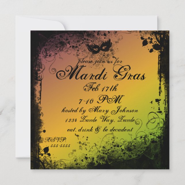 Grunge Mardi Gras Mask Invitation (Back)