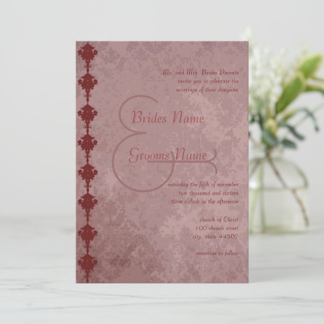 Grunge Maroon Damask Wedding Invitation (Standing Front)