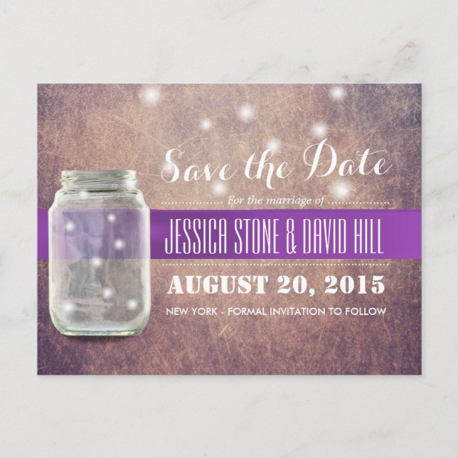 Grunge Mason Jar & Fireflies Save the Date Announcement Postcard (Front)