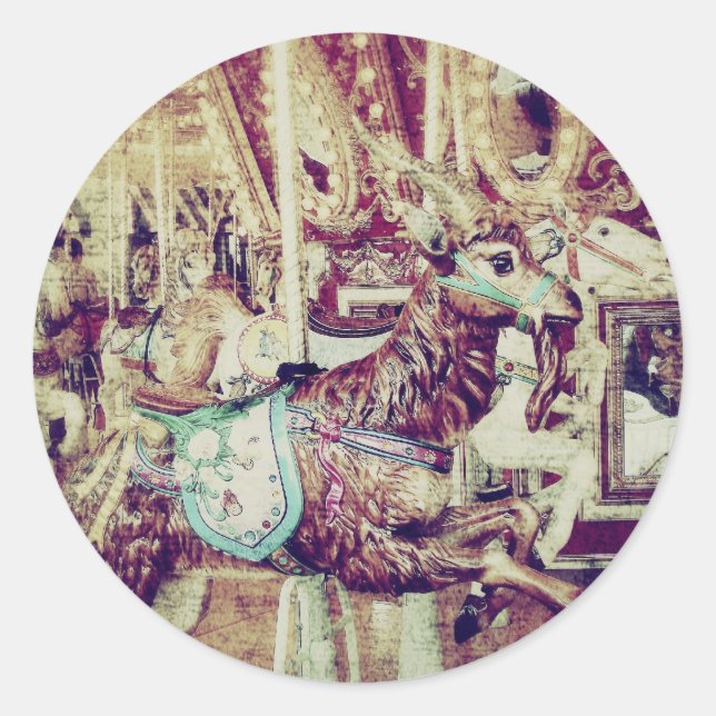 Grunge Merry-Go-Round Goat Classic Round Sticker (Front)