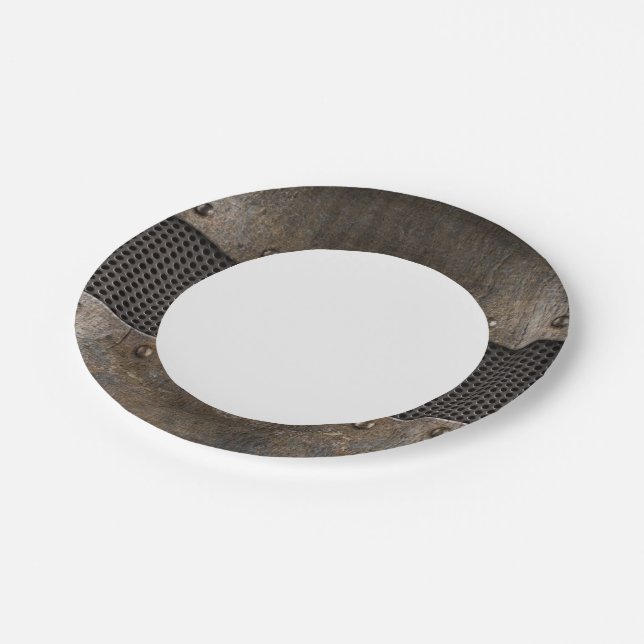Grunge metal background paper plate (Angled)