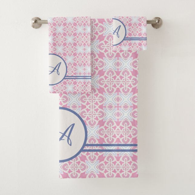 Grunge Monogram | Elegant Pink & Blue Pattern Bath Towel Set (Insitu)