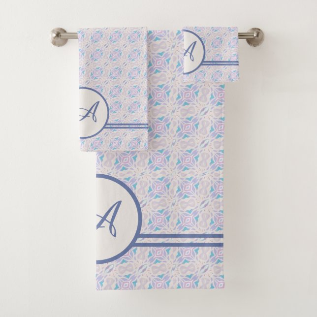 Grunge Monogram | Elegant Violet & Blue Pattern Bath Towel Set (Insitu)