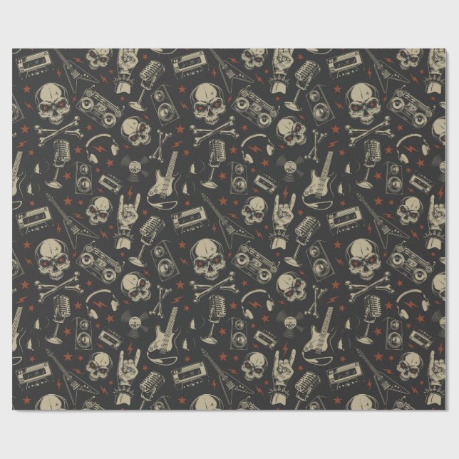 Grunge music skull crossbones pattern wrapping paper (Flat)