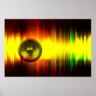 Grunge music speaker with soundwaves poster