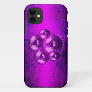 Grunge music speakers on a purple wall iPhone 11 case