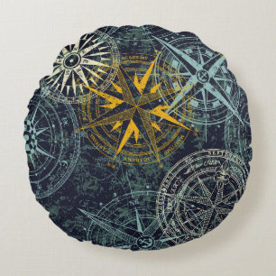 Grunge nautical rose wind compass vintage vintage round cushion