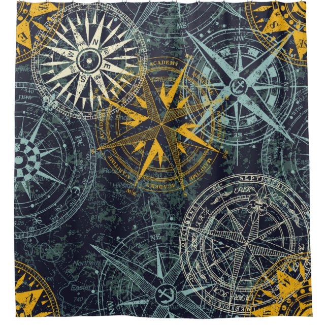 Grunge nautical rose wind compass vintage vintage  shower curtain (Front)