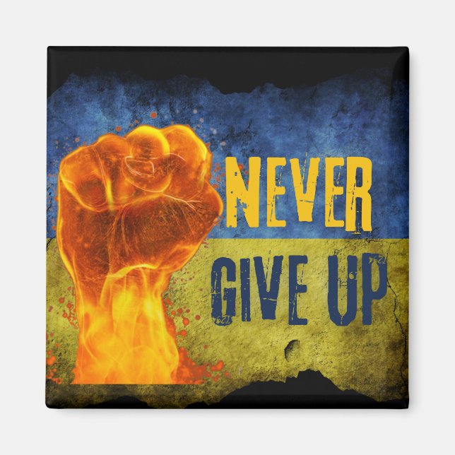 Grunge Never Give Up Ukraine Flaming Fist Magnet (Front)