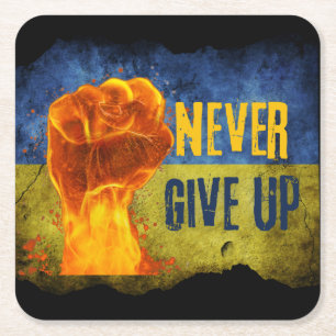 Grunge Never Give Up Ukraine Flaming Fist Square Paper Coaster