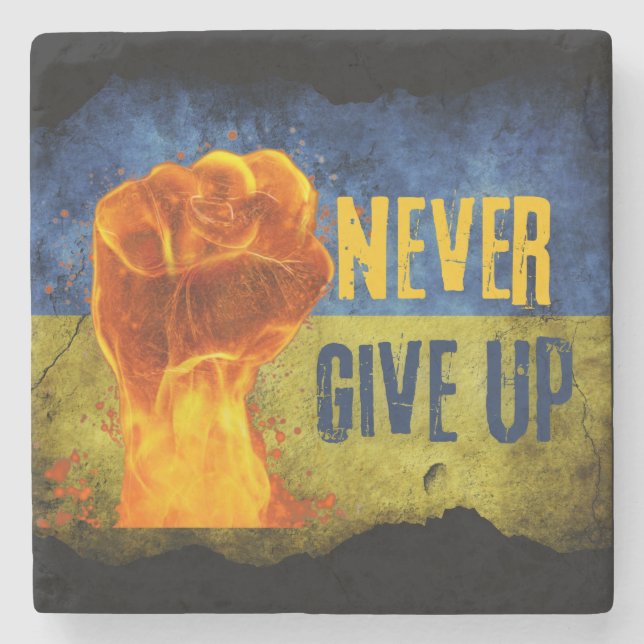 Grunge Never Give Up Ukraine Flaming Fist Stone Coaster (Front)