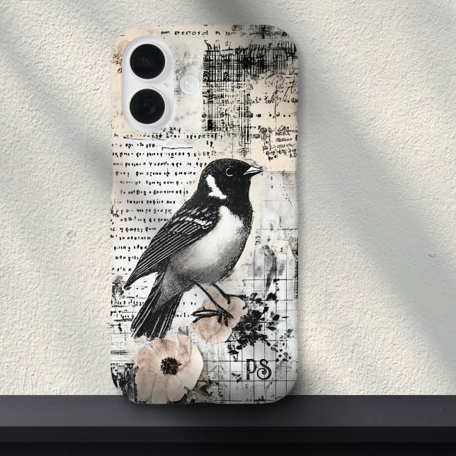 Grunge Newspaper Bird Collage Scrapbook Monogram  Case-Mate iPhone Case (Creator Uploaded)