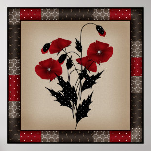 Grunge oldish retro vintage poppies red flowers fl poster