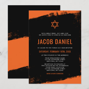 Grunge Orange Black Bar Mitzvah Invitation