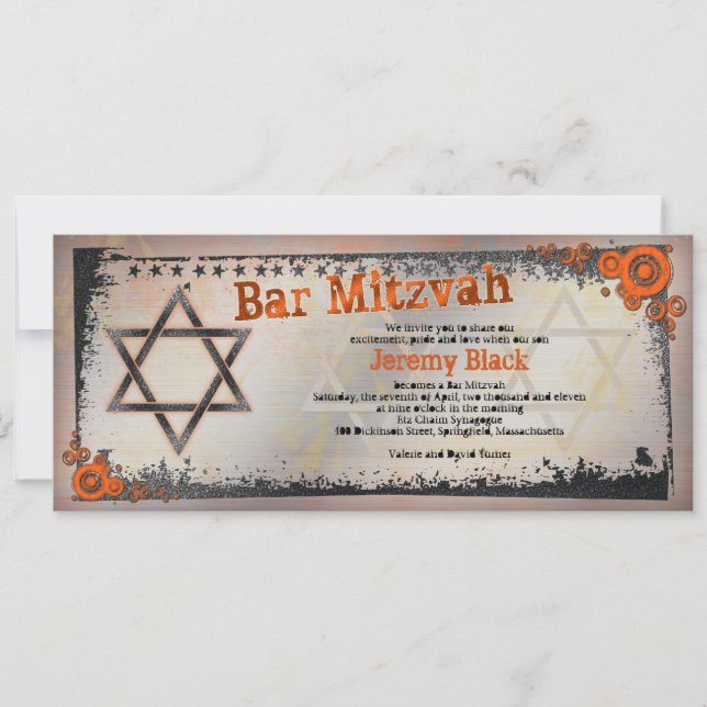 Grunge Orange, Black, Grey Bar Mitzvah Invitation (Front)
