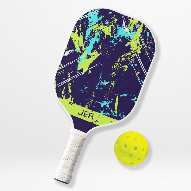 Grunge Paint Splash Monogram Initials Blue Sports Pickleball Paddle (Creator Uploaded)