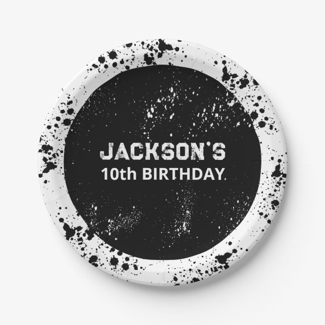 Grunge Paint Splatter Black & White Birthday Paper Plate (Front)