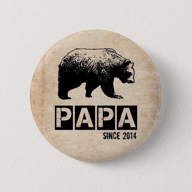 Grunge Papa Bear Since 2014, Black 6 Cm Round Badge (Front)