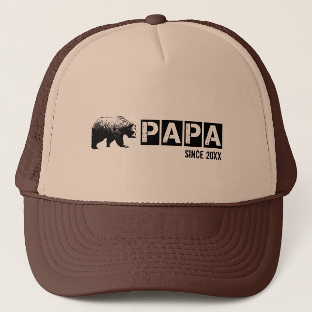 Grunge Papa Bear Since Year, Black Trucker Hat (Front)