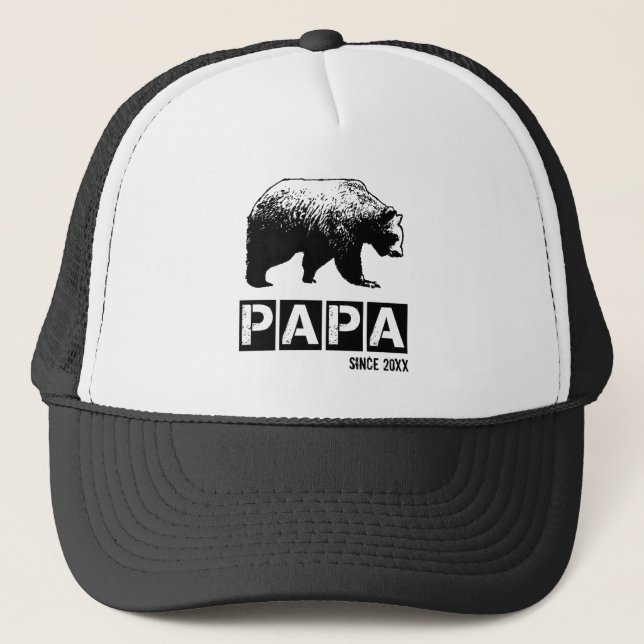 Grunge Papa Bear Since Year of Fatherhood Black Trucker Hat (Front)