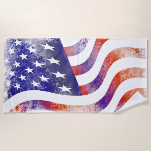 Grunge patriotic flowing American flag, Old Glory: Beach Towel