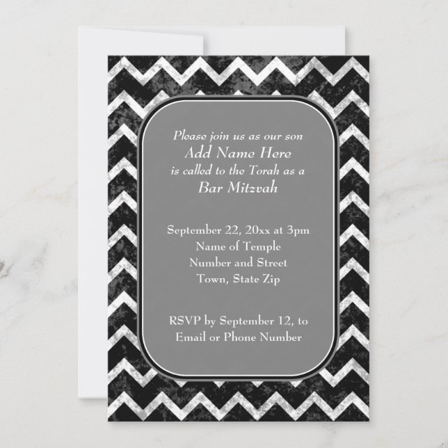 Grunge Pattern Black and White Chevron Bar Mitzvah Invitation (Front)