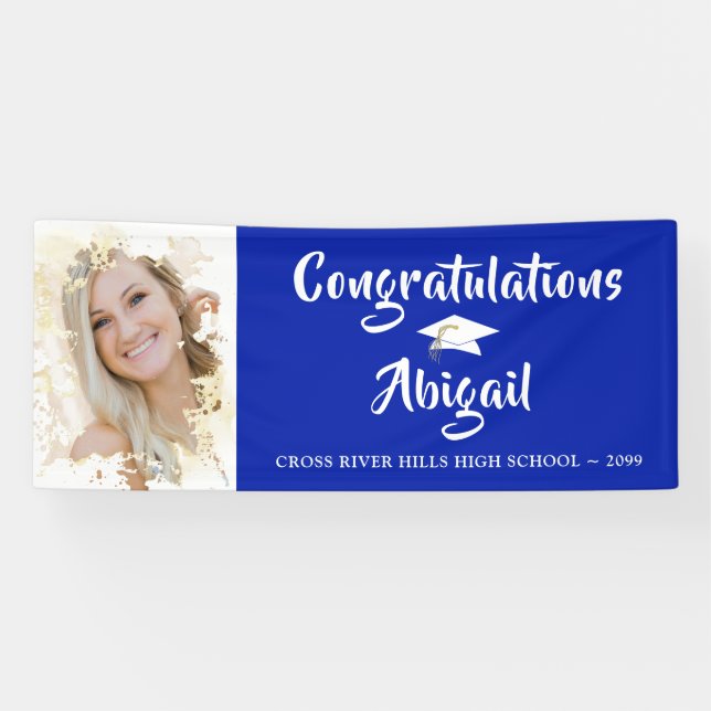Grunge Photo Frame Brush Script Blue Graduation Banner (Horizontal)