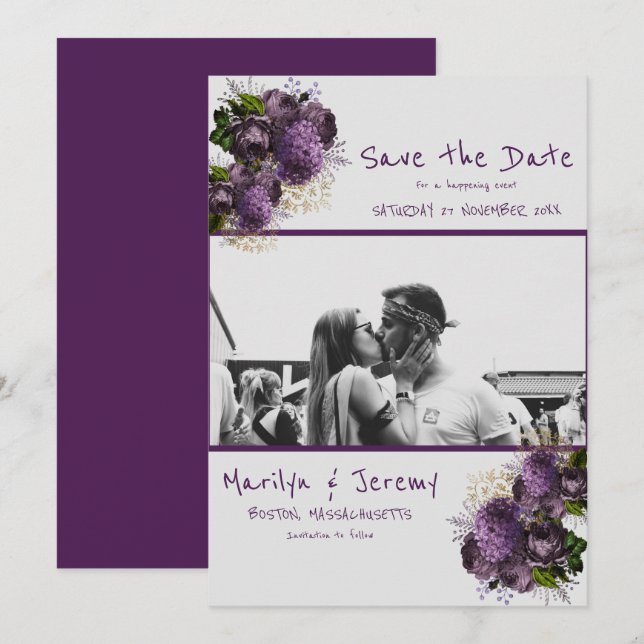 Grunge Photo Purple Floral Flat Save The Date Card (Front/Back)
