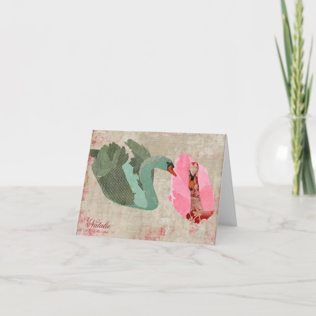 Grunge Pink & Olive Swans Personalised Notecard (Front)