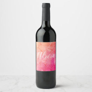 Grunge pink orange watercolor personalised name wine label