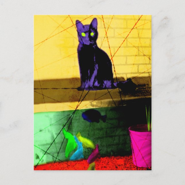 Grunge Pop Art Cat on Fish Tank Postcard (Front)