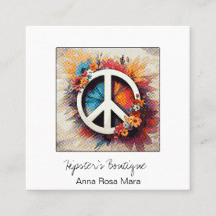 *~* Grunge QR Peace Symbol Flowers  Boho AP57 Square Business Card