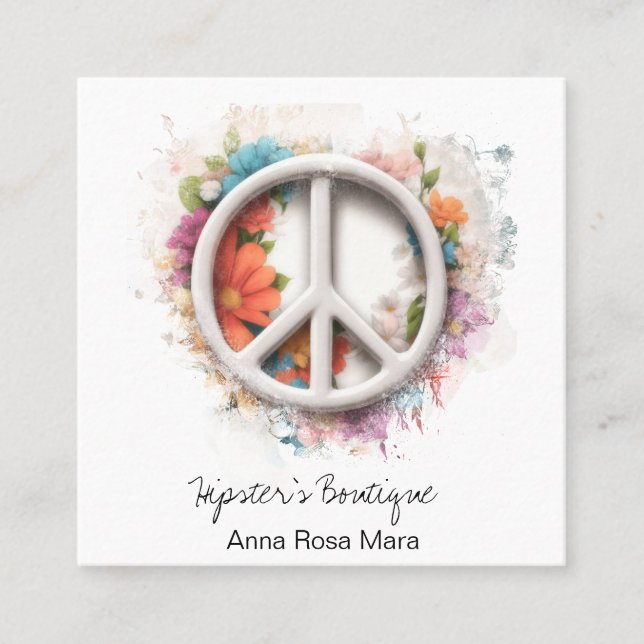 *~* Grunge QR  White Peace Sign Flowers  Boho AP57 Square Business Card (Front)