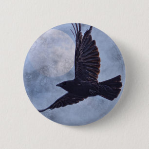 Grunge Raven & Moon Lt Blue Art Design 6 Cm Round Badge