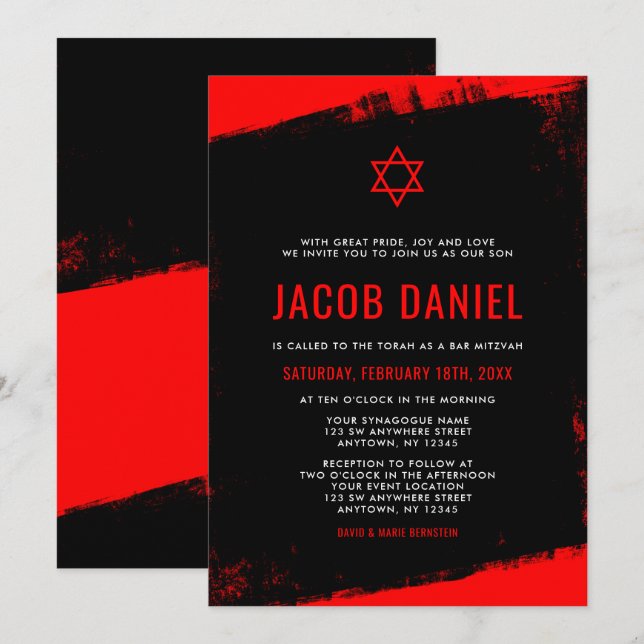 Grunge Red Black Bar Mitzvah Invitations (Front/Back)