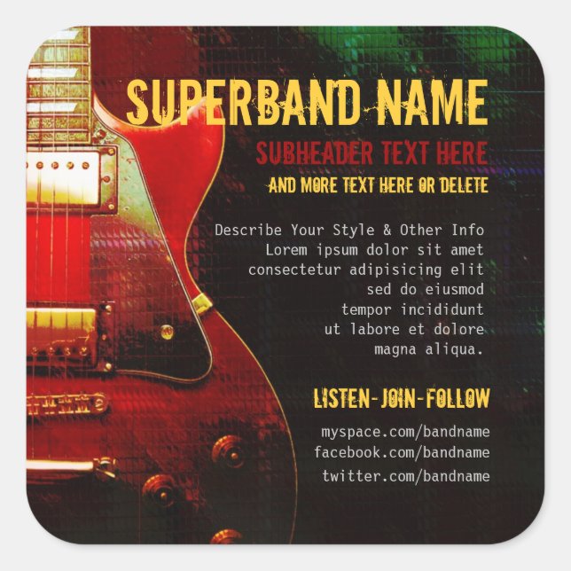 Grunge Red Guitar Super Band Square Promo Sticker (Front)