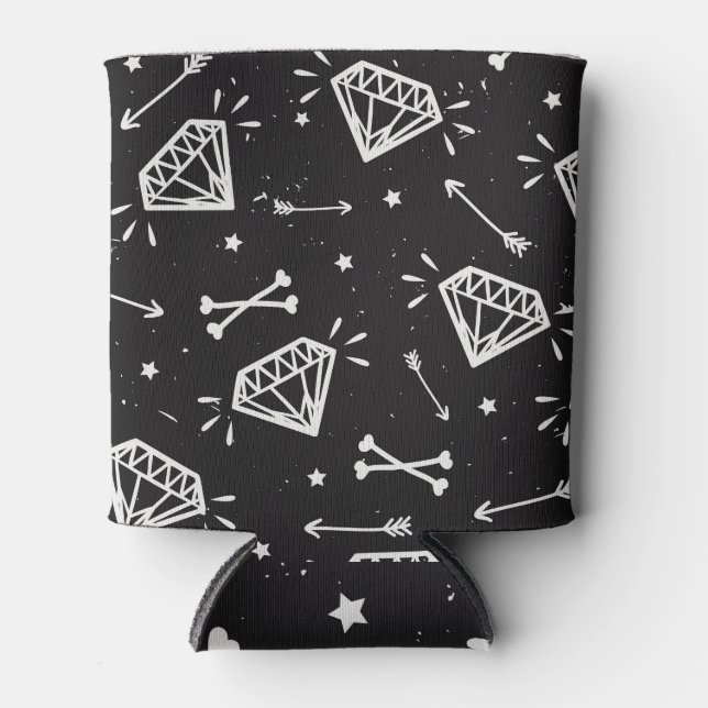Grunge rock: diamonds, bones pattern. can cooler (Front)