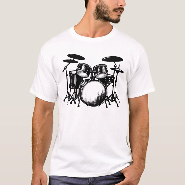Grunge Rock Drumset Silhouette T-Shirt (Front)