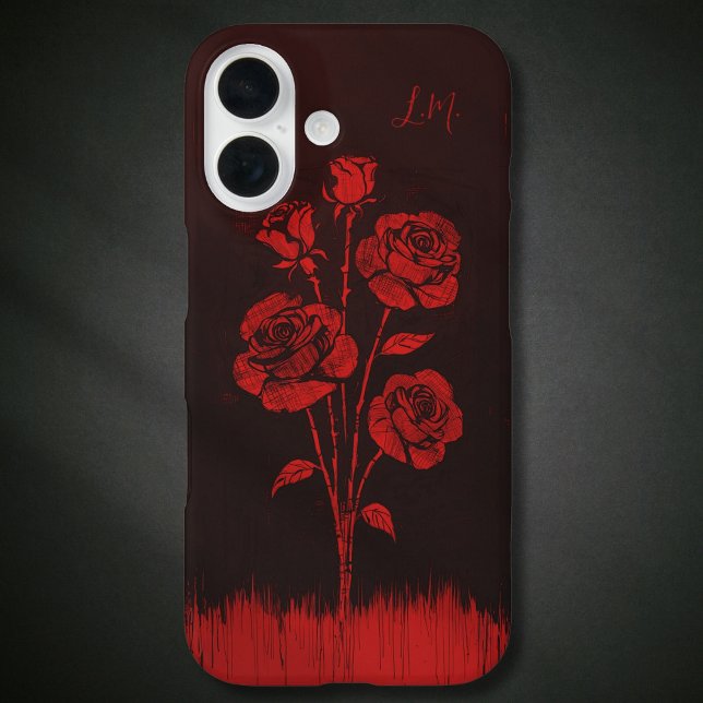 Grunge Roses Black Red Monogram Custom Name Case-Mate iPhone Case (Creator Uploaded)
